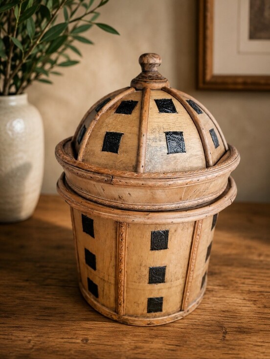 Other - RARE VINTAGE WOODEN BUCKET CANISTER CYLINDER SHAPE LID DESIGN FLOWERS METAL 15.5